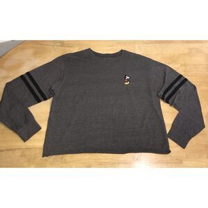 Disney Cropped Shirt Women Size Large  L Mickey Mouse Gray Long Sleeve Crew Neck